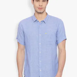 Basics Men Blue Slim Fit Self Design Casual Linen Shirt-picture-23