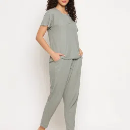 Clovia Light Green Cotton T-Shirt With Pyjamas image 3