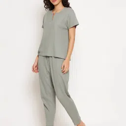 Clovia Light Green Cotton T-Shirt With Pyjamas image 4