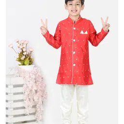 BownBee Full Sleeves Butti Work Embroidered Sherwani Set - Red-picture-13