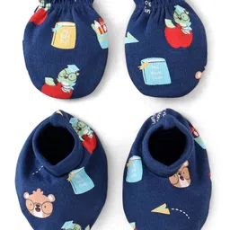 Babyhug 100% Cotton Mittens & Booties Teddy Print - Navy Blue-picture-17