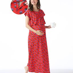 Bella Mama Cotton Knit Half Sleeves Concealed Zipper Strawberry Print Nighty - Red-picture-49