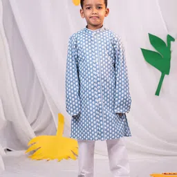 Vastramay Cotton Full Sleeves Floral Motif  Printed Kurta And Pyjama Set - Aqua-picture-14