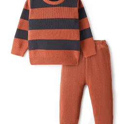 Bonfino 100% Cotton Knitted Full Sleeves Striped Sweater Set - Rust Orange & Grey-image-15