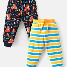 Babyhug Single Jersey Full Length Lounge Pants with Strips & Safari Theme Print Pack of 2 - Yellow & Navy Blue-image-77