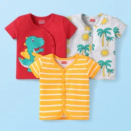 Babyhug 100% Cotton Knit Front Open Vests with Dino & Tree Print Pack of 3 - Orange Red & Grey-picture-23