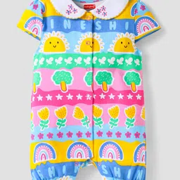 Babyhug 100% Cotton Knit Half Sleeves Peter Pan Romper with Tropical Print - Pink & Light Green-picture-23