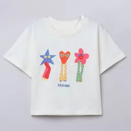 Taffykids 100% Cotton Half Sleeves Floral & Hearts Printed Tee - White & Multi Colour-picture-25