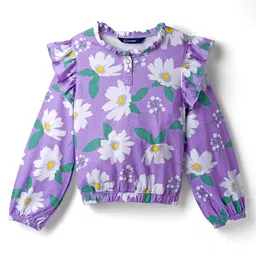 Pine Kids Cotton Knit Full Sleeves Top With Frill Detailing & Floral Print - Lilac-image-62