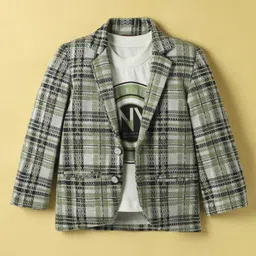 Radutu Full Sleeves Checked Textured Blazer With Typography Printed Tee - Green & White-picture-20