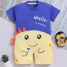 TOONYPORT Cotton Knit Half Sleeves Hello Text & Dinosaur Printed Romper - Yellow & Blue-picture-21