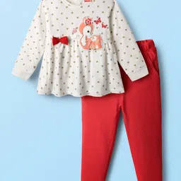 Babyhug Single Jersey Knit Full Sleeves Heart Printed Top & Leggings Set with Bow Applique & Patch Detailing - Red & White-picture-19