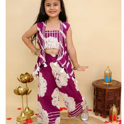 AJ Dezines Cotton Woven Sleeveless Floral Printed Gota Lace Embellished Top With Attached Shrug & Coordinating Pant Set - Purple-picture-26