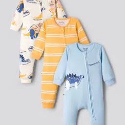 Bonfino 100% Cotton Knit Full Sleeves Romper with Stripes & Dino Print Pack of 3 - Yellow & Light Blue-image-48