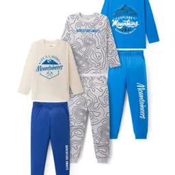 Primo Gino 100% Cotton Knit Full Sleeves Night Suit With Text Print Pack Of 3 - Blue Cream & Grey-picture-18