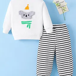 Mark & Mia Cotton Knit Full Sleeves Winter Wear T-Shirt & Joggers Set with Stripes & Animal Applique - White & Black-picture-40
