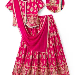 EARTHY TOUCH Single Jersey Knit Half Sleeves Choli Lehenga & Dupatta Set With Floral Foil Print - Pink-picture-34