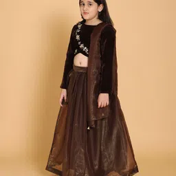 Piccolo Full Sleeves Flower Hand Embroidered Choli With Lehenga & Dupatta - Brown image 4
