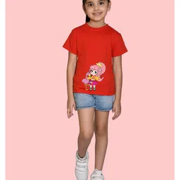 NUSYL Cotton Blend Half Sleeves Flamingo & Cute Girl Printed Tee - Red image 4
