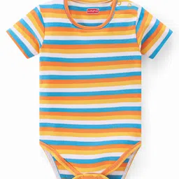 Babyhug 100% Cotton Knit Half Sleeves Onesies With Animals & Text Print Pack Of 3 - Blue White & Orange image 4