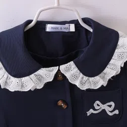 Mark & Mia Cotton Full Sleeves Peter Pan Collar Top & Skirt Set With Bow Embriodery - Navy Blue image 4