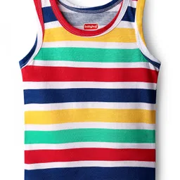 Babyhug 100% Cotton Single Jersey Knit Sleeveless Anti Bacterial Sando with Vehicle Dino & Stripe Print Pack of 3 - Yellow Blue & Red image 4