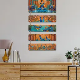 ArtVibes Blue & Green Printed Devi Lakshmi & Nature Theme Wooden Wall Hanging image 4