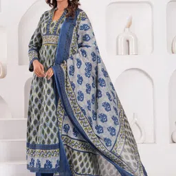 KALINI Women Ethnic Motifs Printed Panelled Pure Cotton Kurta with Trousers & With Dupatta image 5