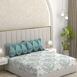 Pure Decor White & Blue Ethnic Motifs Queen Bedsheet with 2 Pillow Covers-picture-13