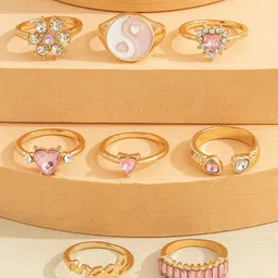 DressBerry Set of 8 Gold Plated Artificial Stone Studded Stainless Steel Finger Rings-picture-18