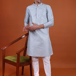 NAMASKAR Men Floral Embroidered Mandarin Collar Pure Cotton Kurta with Churidar-picture-15