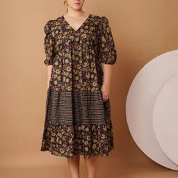 Sztori Women Floral Printed V-Neck Bishop Sleeves Cotton Empire Midi Dress-image-78