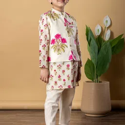 Readiprint Fashions Boys Floral Printed Pure Cotton Straight Kurta With Pyjamas & Jacket image 2