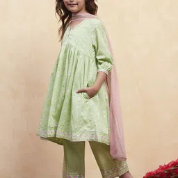 Biba Girls Ethnic Motifs Printed Regular Gotta Patti Pure Cotton Kurta with Palazzos & With Dupatta image 2