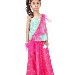 Babyhug One Shoulder Choli and Lehenga with Ruffled Net Dupatta Floral Embroidery - Blue Pink image 2