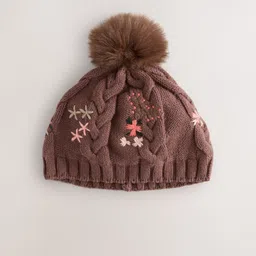NEXT Infants Floral Embroidered Cable Knit Pure Cotton Beanie with Pom Pom-picture-37