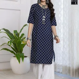 HERE&NOW Selection Of 2 Checked Printed Round Neck Straight Kurtas-picture-16