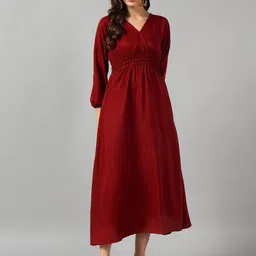 Raiyani Enterprise Smocked Detail Bishop Sleeve Crepe Fit & Flare Midi Dress-image-19