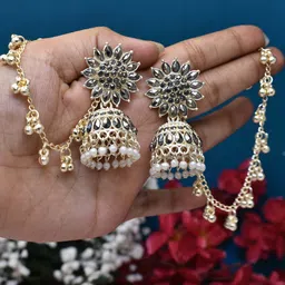 MEIRA JEWELLERY Silver-Plated Stones Studded And Beaded Dome Shaped Jhumkas With Chain-picture-23