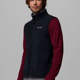 Columbia Men Black Solid Stand Collar Fleece Zippered Chest Pocket Vest image 2