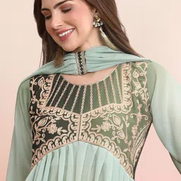 KALINI Women Ethnic Motifs Yoke Design Regular Thread Work Kurta with Trousers & With Dupatta image 2