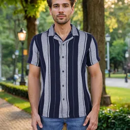 Celio Men Classic Regular Fit Vertical Striped Cuban Collar Cotton Casual Shirt-picture-14