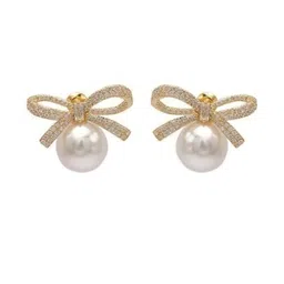 Anouk Gold-Plated Pearls & Stone Studded Circular shaped Bow Korean Studs image 4