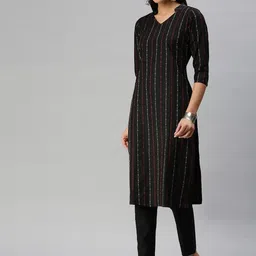 Fourleaf Women Striped Regular Thread Work Kurta with Trousers image 2