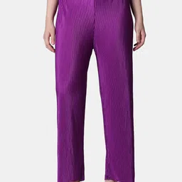 Popwings Women Relaxed Fit Straight Leg High-Rise Wrinkle Free Trousers-image-12