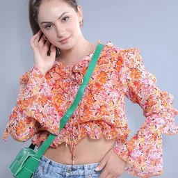 French Theory Floral Print Bell Sleeve Crop Top-image-57