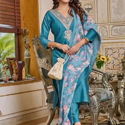 HERE&NOW Women Floral Embroidered Regular Thread Work Kurta with Trousers & With Dupatta image 2