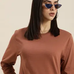 DILLINGER Women Brown Solid Cotton Oversized T-shirt-image-73