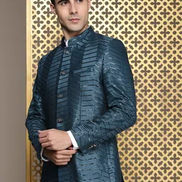 House of Pataudi Jashn Mandarin Collar Textured Sequinned Bandhgala Blazer image 3
