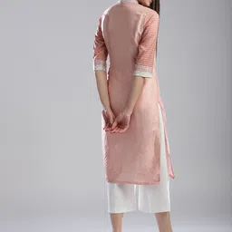 W Women Peach-Coloured & Blue Printed Straight Kurta image 3